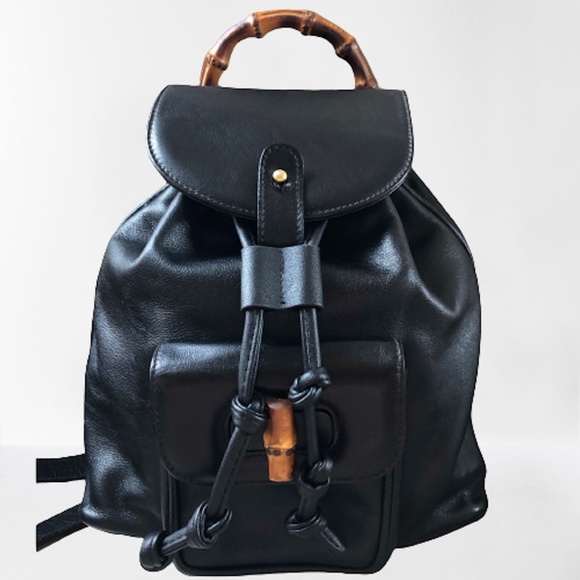 Gucci Handbags - Authenticated Vintage Gucci Leather Bamboo Flap Drawstring Mini Backpack, COA
